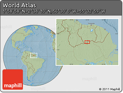 Savanna Style Location Map of the Area around 2° 16' 34" N, 56° 1' 29" W, hill shading