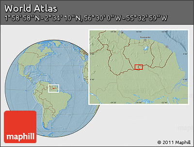 Savanna Style Location Map of the Area around 2° 16' 34" N, 56° 1' 29" W, hill shading