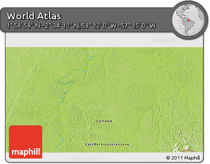 Physical 3D Map of the Area around 2° 16' 34" N, 57° 43' 30" W