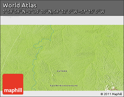 Physical 3D Map of the Area around 2° 16' 34" N, 57° 43' 30" W