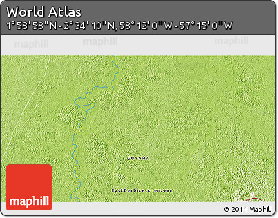 Physical 3D Map of the Area around 2° 16' 34" N, 57° 43' 30" W