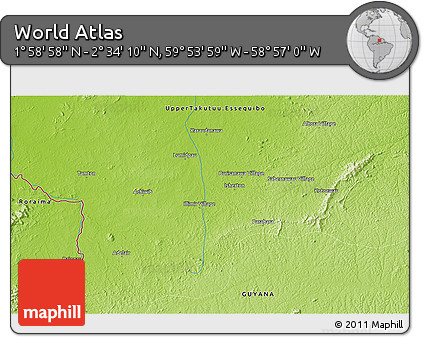 Physical 3D Map of the Area around 2° 16' 34" N, 59° 25' 29" W