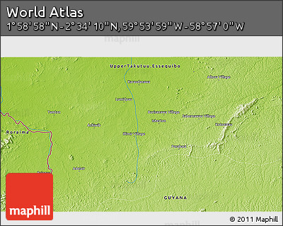 Physical 3D Map of the Area around 2° 16' 34" N, 59° 25' 29" W