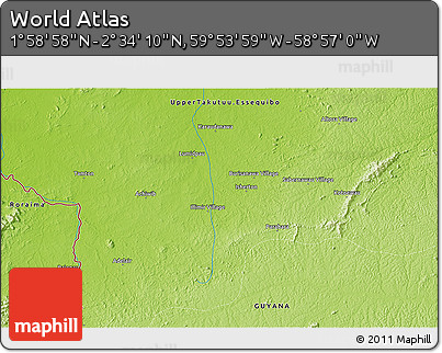 Physical 3D Map of the Area around 2° 16' 34" N, 59° 25' 29" W