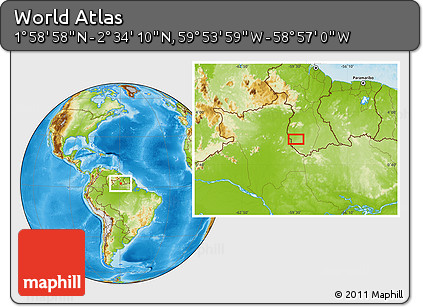Physical Location Map of the Area around 2° 16' 34" N, 59° 25' 29" W