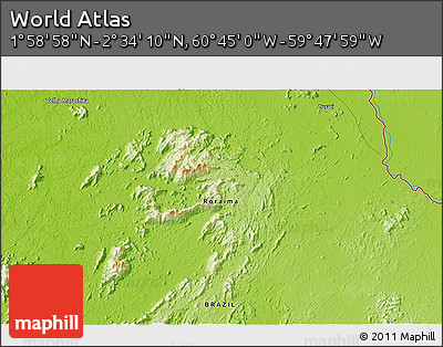 Physical 3D Map of the Area around 2° 16' 34" N, 60° 16' 29" W