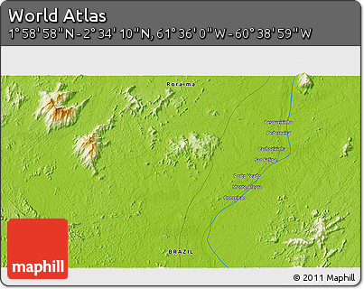 Physical 3D Map of the Area around 2° 16' 34" N, 61° 7' 30" W