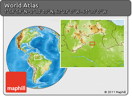 Physical Location Map of the Area around 2° 16' 34" N, 61° 58' 30" W
