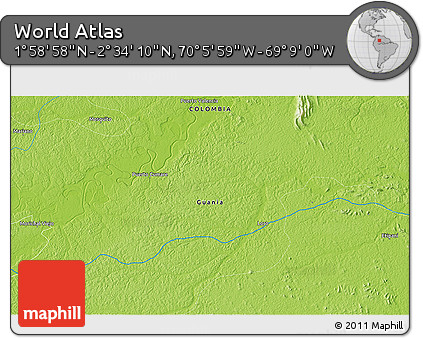 Physical 3D Map of the Area around 2° 16' 34" N, 69° 37' 30" W