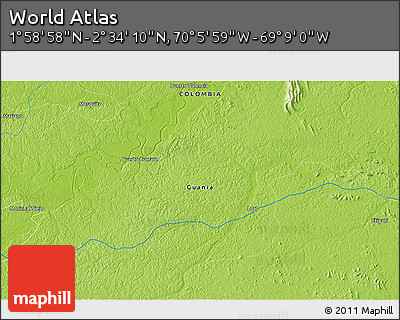 Physical 3D Map of the Area around 2° 16' 34" N, 69° 37' 30" W