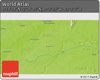 Physical 3D Map of the Area around 2° 16' 34" N, 69° 37' 30" W