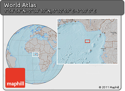 Gray Location Map of the Area around 2° 16' 34" N, 6° 1' 30" E, hill shading
