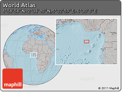 Gray Location Map of the Area around 2° 16' 34" N, 6° 1' 30" E, hill shading