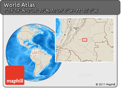 Shaded Relief Location Map of the Area around 2° 16' 34" N, 72° 10' 30" W