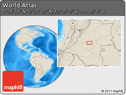 Shaded Relief Location Map of the Area around 2° 16' 34" N, 72° 10' 30" W