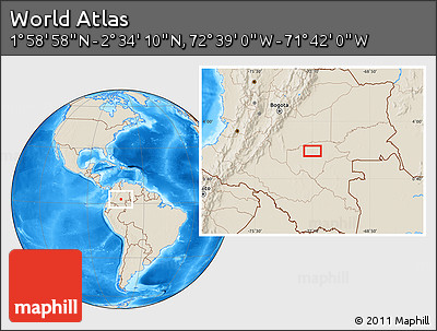 Shaded Relief Location Map of the Area around 2° 16' 34" N, 72° 10' 30" W