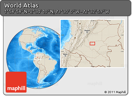 Shaded Relief Location Map of the Area around 2° 16' 34" N, 73° 1' 30" W