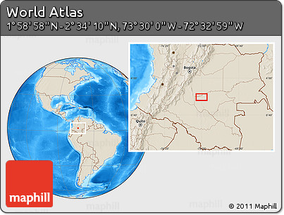Shaded Relief Location Map of the Area around 2° 16' 34" N, 73° 1' 30" W