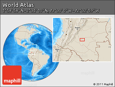 Shaded Relief Location Map of the Area around 2° 16' 34" N, 73° 1' 30" W