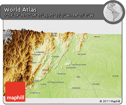 Physical 3D Map of the Area around 2° 16' 34" N, 74° 43' 29" W