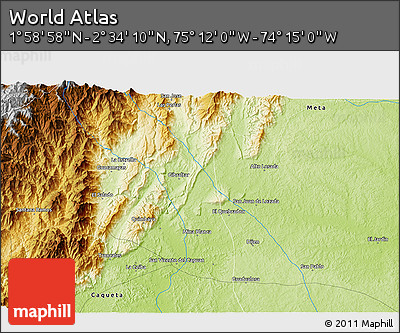 Physical 3D Map of the Area around 2° 16' 34" N, 74° 43' 29" W
