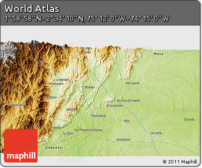 Physical 3D Map of the Area around 2° 16' 34" N, 74° 43' 29" W