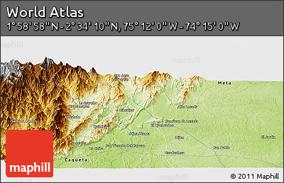 Physical Panoramic Map of the Area around 2° 16' 34" N, 74° 43' 29" W