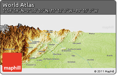 Physical Panoramic Map of the Area around 2° 16' 34" N, 74° 43' 29" W