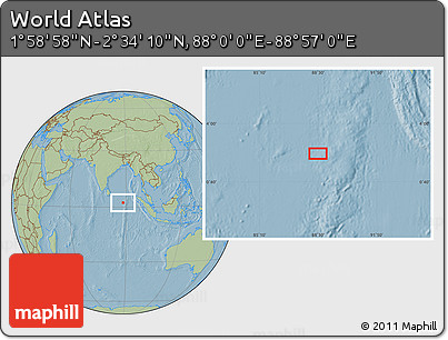 Savanna Style Location Map of the Area around 2° 16' 34" N, 88° 28' 29" E, hill shading