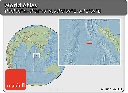 Savanna Style Location Map of the Area around 2° 16' 34" N, 93° 34' 29" E, hill shading