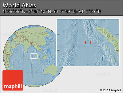Savanna Style Location Map of the Area around 2° 16' 34" N, 93° 34' 29" E, hill shading