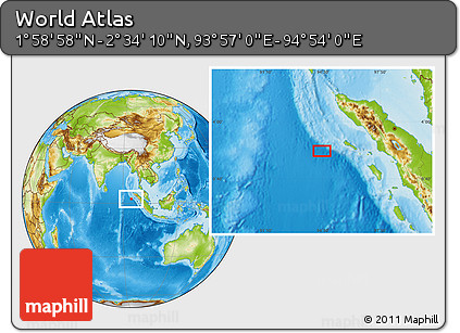 Physical Location Map of the Area around 2° 16' 34" N, 94° 25' 30" E