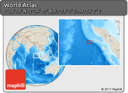 Shaded Relief Location Map of the Area around 2° 16' 34" N, 94° 25' 30" E