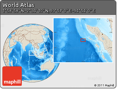 Shaded Relief Location Map of the Area around 2° 16' 34" N, 94° 25' 30" E