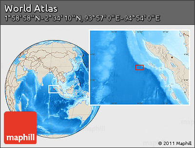 Shaded Relief Location Map of the Area around 2° 16' 34" N, 94° 25' 30" E
