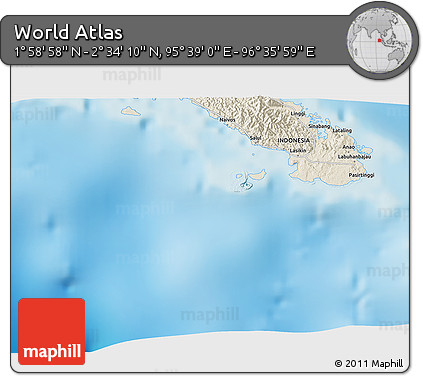 Shaded Relief 3D Map of the Area around 2° 16' 34" N, 96° 7' 30" E