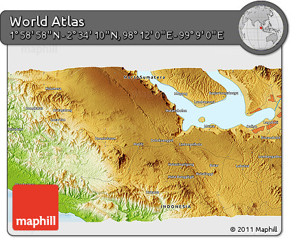 Physical 3D Map of the Area around 2° 16' 34" N, 98° 40' 30" E