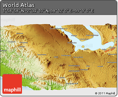 Physical 3D Map of the Area around 2° 16' 34" N, 98° 40' 30" E