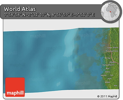 Satellite 3D Map of the Area around 2° 16' 34" N, 9° 25' 30" E