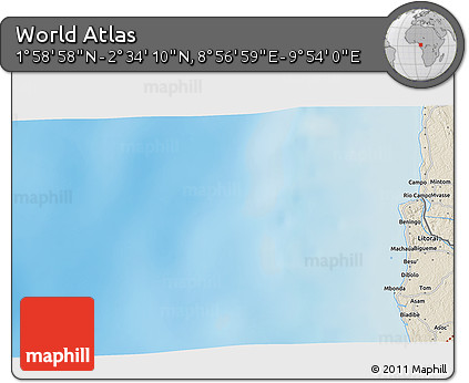 Shaded Relief 3D Map of the Area around 2° 16' 34" N, 9° 25' 30" E