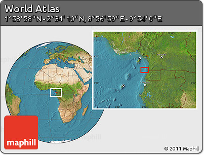 Satellite Location Map of the Area around 2° 16' 34" N, 9° 25' 30" E