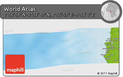 Physical Panoramic Map of the Area around 2° 16' 34" N, 9° 25' 30" E