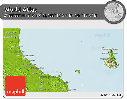 Physical 3D Map of the Area around 2° 48' 4" N, 103° 46' 30" E