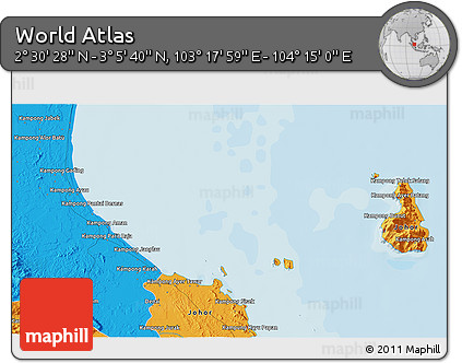 Political 3D Map of the Area around 2° 48' 4" N, 103° 46' 30" E