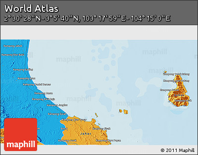 Political 3D Map of the Area around 2° 48' 4" N, 103° 46' 30" E