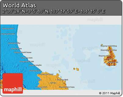 Political 3D Map of the Area around 2° 48' 4" N, 103° 46' 30" E