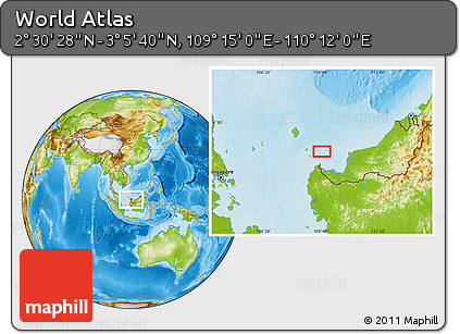 Physical Location Map of the Area around 2° 48' 4" N, 109° 43' 29" E