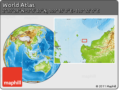 Physical Location Map of the Area around 2° 48' 4" N, 109° 43' 29" E