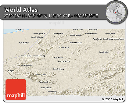 Shaded Relief 3D Map of the Area around 2° 48' 4" N, 113° 7' 30" E