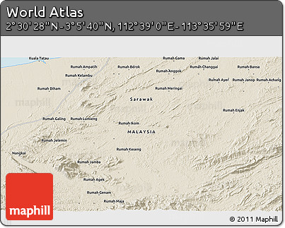 Shaded Relief 3D Map of the Area around 2° 48' 4" N, 113° 7' 30" E